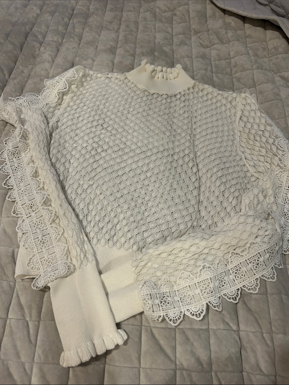 Zara Cream Lace-Trim Mock Turtleneck Sweater